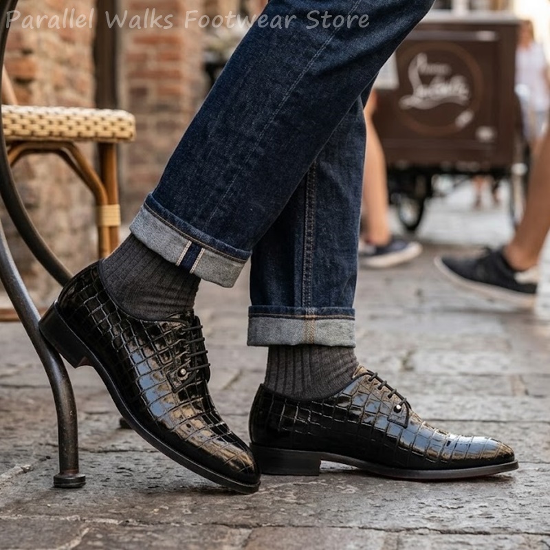 Men Shoes For Wedding - Herren Lackleder Oxford-Schuhe mit Krokodilmuster, Schnürschuhe,