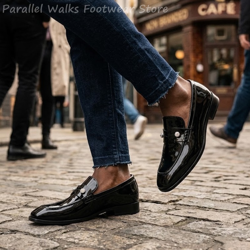 Men Shoes For Wedding - Herren Schwarze Lackleder-Imitat Strass-Loafer Slip-On Anzugschuhe
