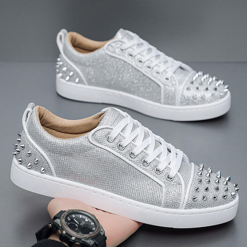 Men Shoes Dior - Neue modische silberne Glitzer-Spikeschuhe für Herren,